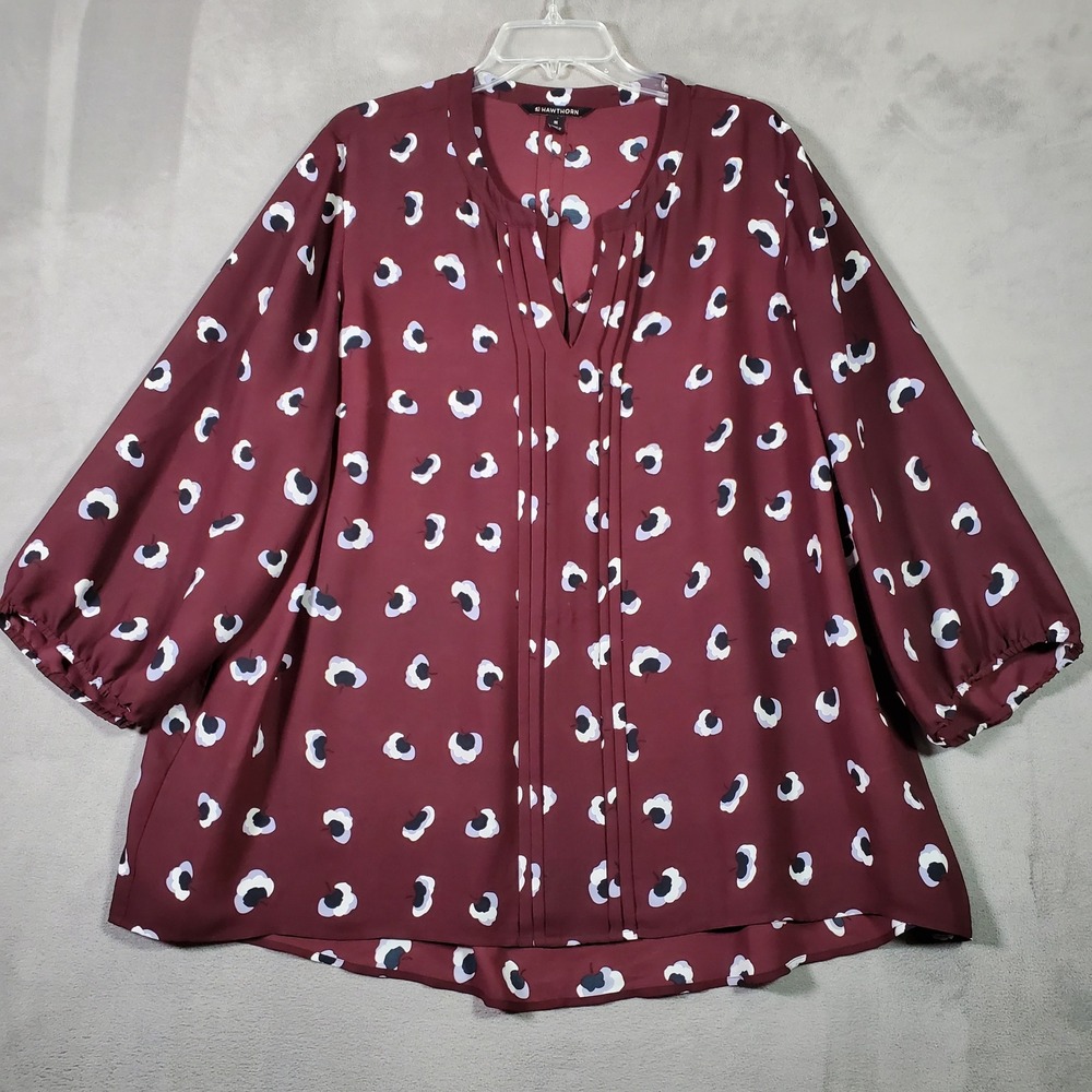 41 Hawthorn Blouse Women 3X Burgundy Floral Puff Sleeve Pintuck Boho Career